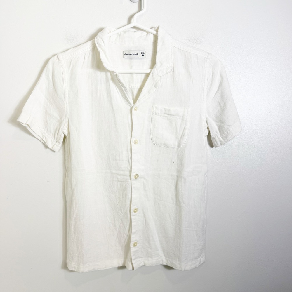 Abercrombie Kids Button Down Shirt Boys 9/10 White Linen Blend Short Sleeve